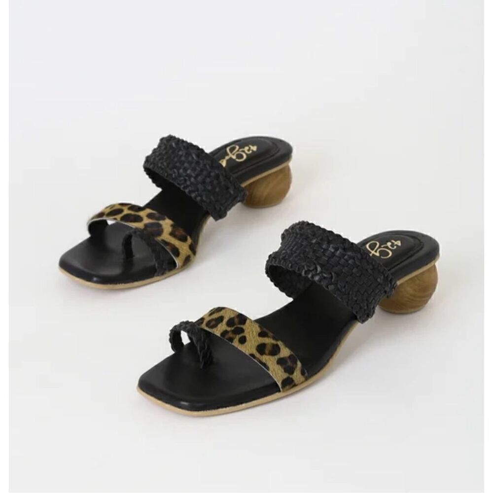42 Gold Naya Tan and Black Leopard Pony Hair Slide Sandals Size 9